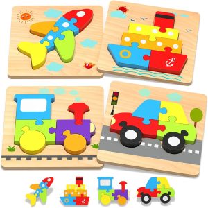 Yetonamr Wooden Toddler Puzzles Gifts Toys for 1 2 3 Years Old Boys Girls, 6 Vehicle Shape Montessori Toys Educational Blocks Kids Gift Baby Learning Toy Age 1-3, 2-4