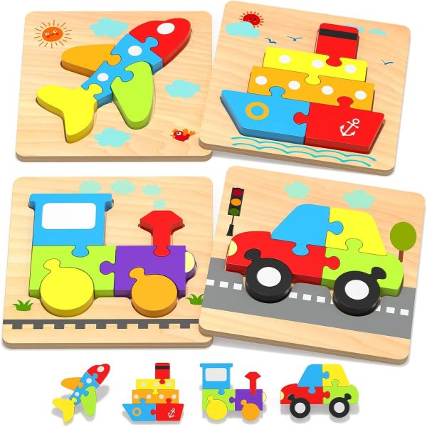 Yetonamr Wooden Toddler Puzzles Gifts Toys for 1 2 3 Years Old Boys Girls, 6 Vehicle Shape Montessori Toys Educational Blocks Kids Gift Baby Learning Toy Age 1-3, 2-4
