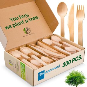 100% Compostable Cutlery Set - 300 Pieces Wooden Compostable Utensils [120 Forks, 90 Knives, 90 Spoons] - Disposable Wooden Cutlery, Eco Friendly Forks And Spoons Disposable Cutlery Set Party Utensils
