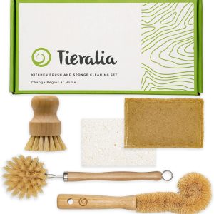 Tieralia 5-Piece Eco-Friendly Bamboo Dish Brush Set with Compostable Wood Pulp Sponges | Bamboo Kitchen Cleaning Set