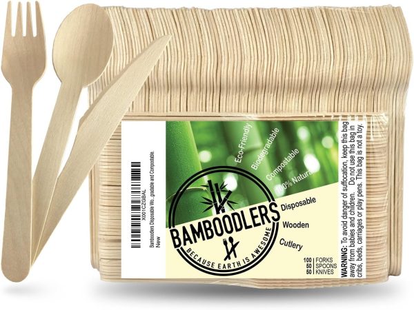 Disposable Wooden Cutlery Set | 100% All-Natural, Eco-Friendly, Biodegradable, and Compostable - Because Earth is Awesome! Pack of 200-6.5” utensils (100 forks, 50 spoons, 50 knives)